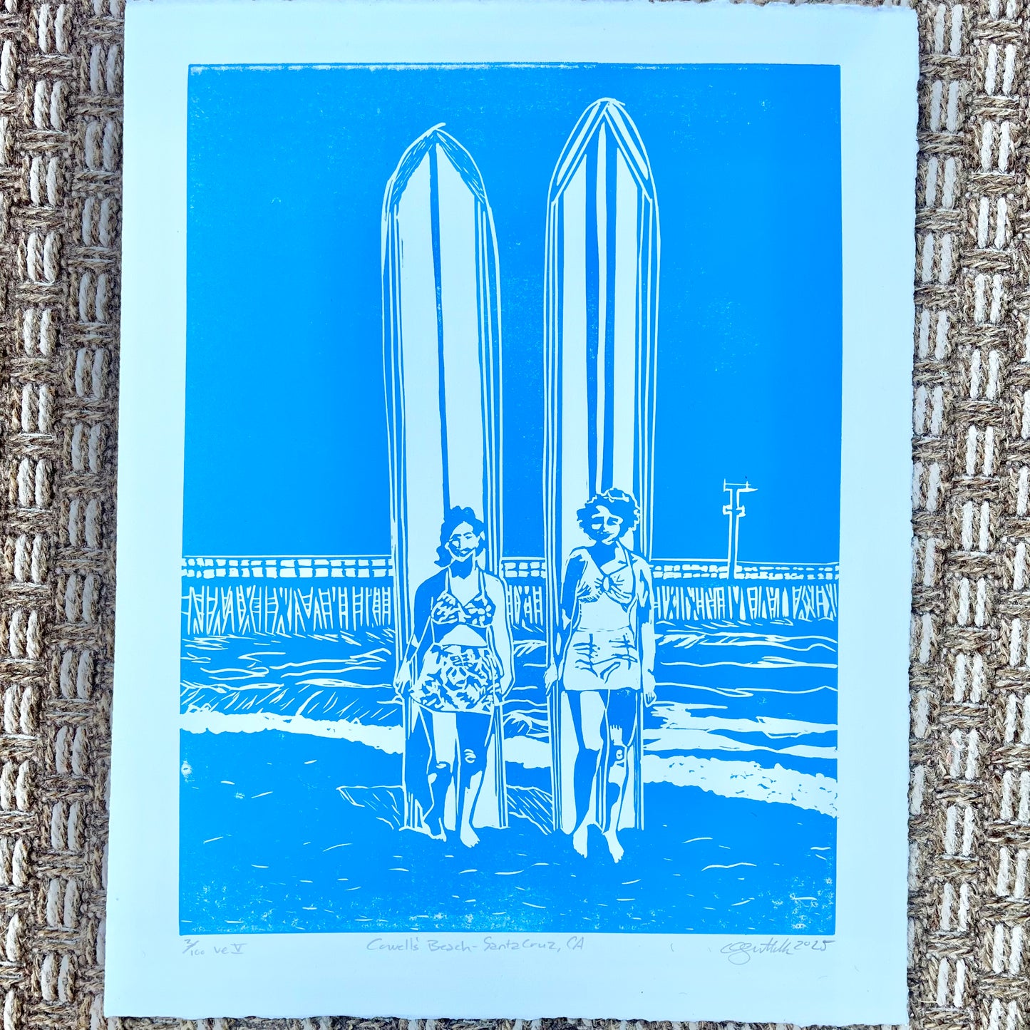 Santa Cruz Surfers Cowell’s Beach Linocut Print 11x 14”