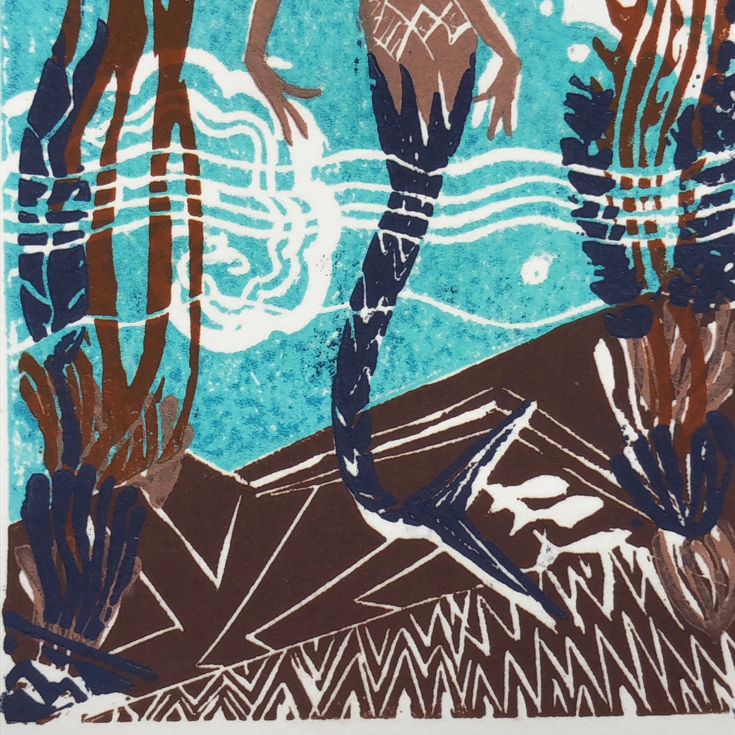 Zoomed in view of lower half of giclée print of original 5-plate linocut depicting an art deco tile mosaic of the Catalina Casino Mermaid. Bright turquoise back ground with white water movement, stylized mermaid's purple tail surrounded by stylized kelp, coral, and fish.
