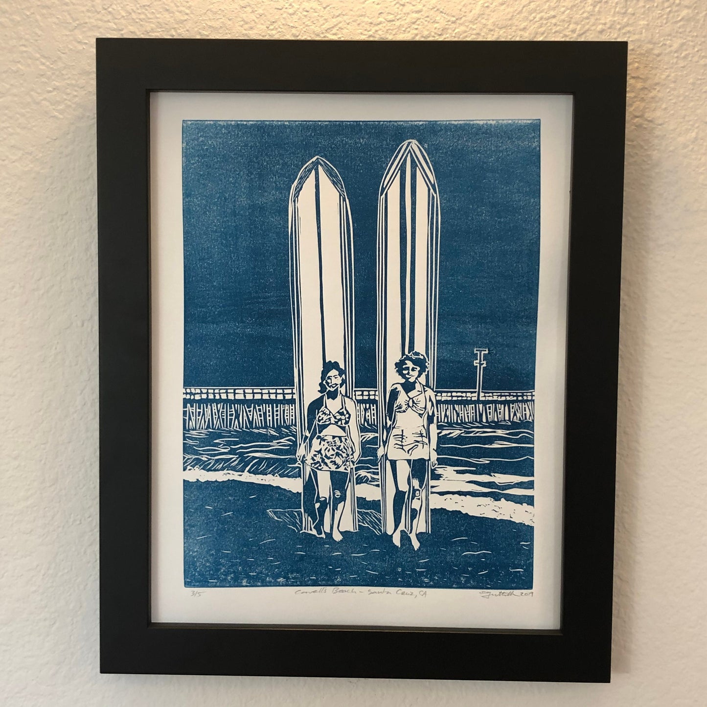 Santa Cruz Surfers Cowell’s Beach Linocut Print 11x 14”