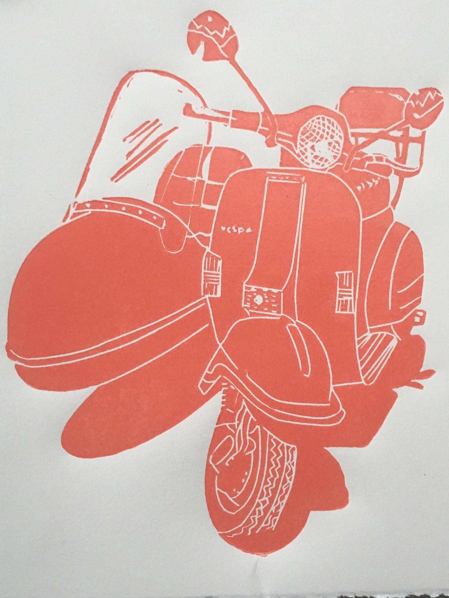 Vintage Vespa Scooter with Sidecar Linocut Print