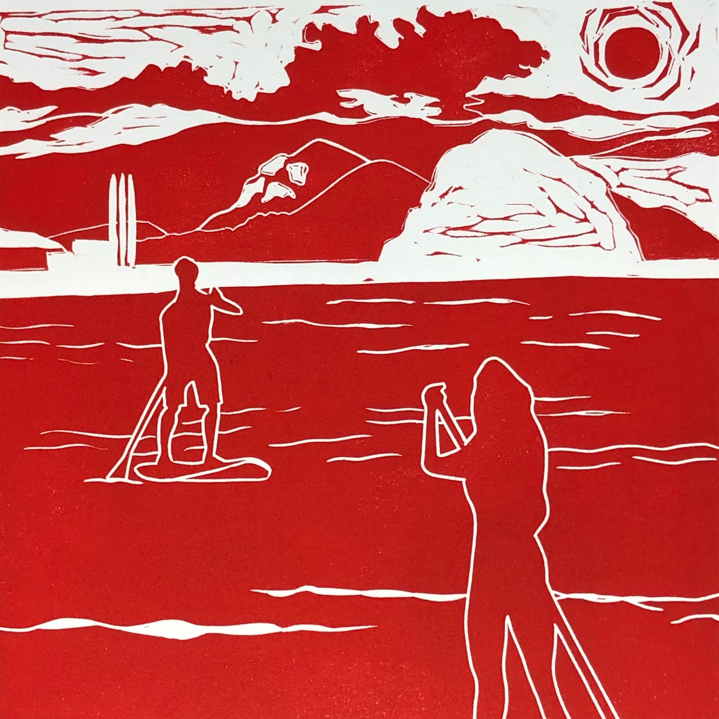 SUP Morro Bay Original Linocut Print, Morro Bay Art, Limited Edition, Stand Up Paddle Art, Ocean Sports Print, Home Decor, 11 x 14” Print