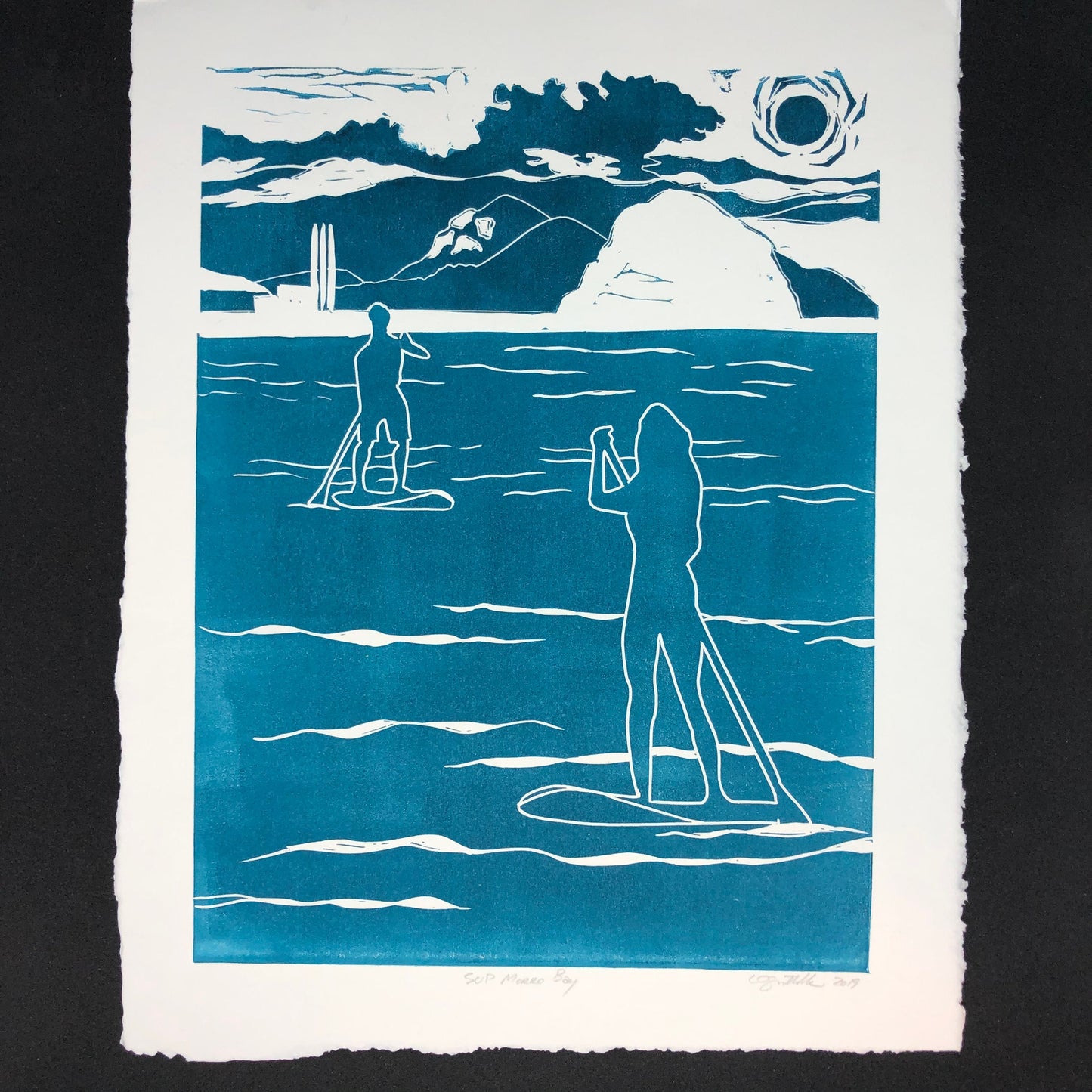 SUP Morro Bay Original Linocut Print, Morro Bay Art, Limited Edition, Stand Up Paddle Art, Ocean Sports Print, Home Decor, 11 x 14” Print