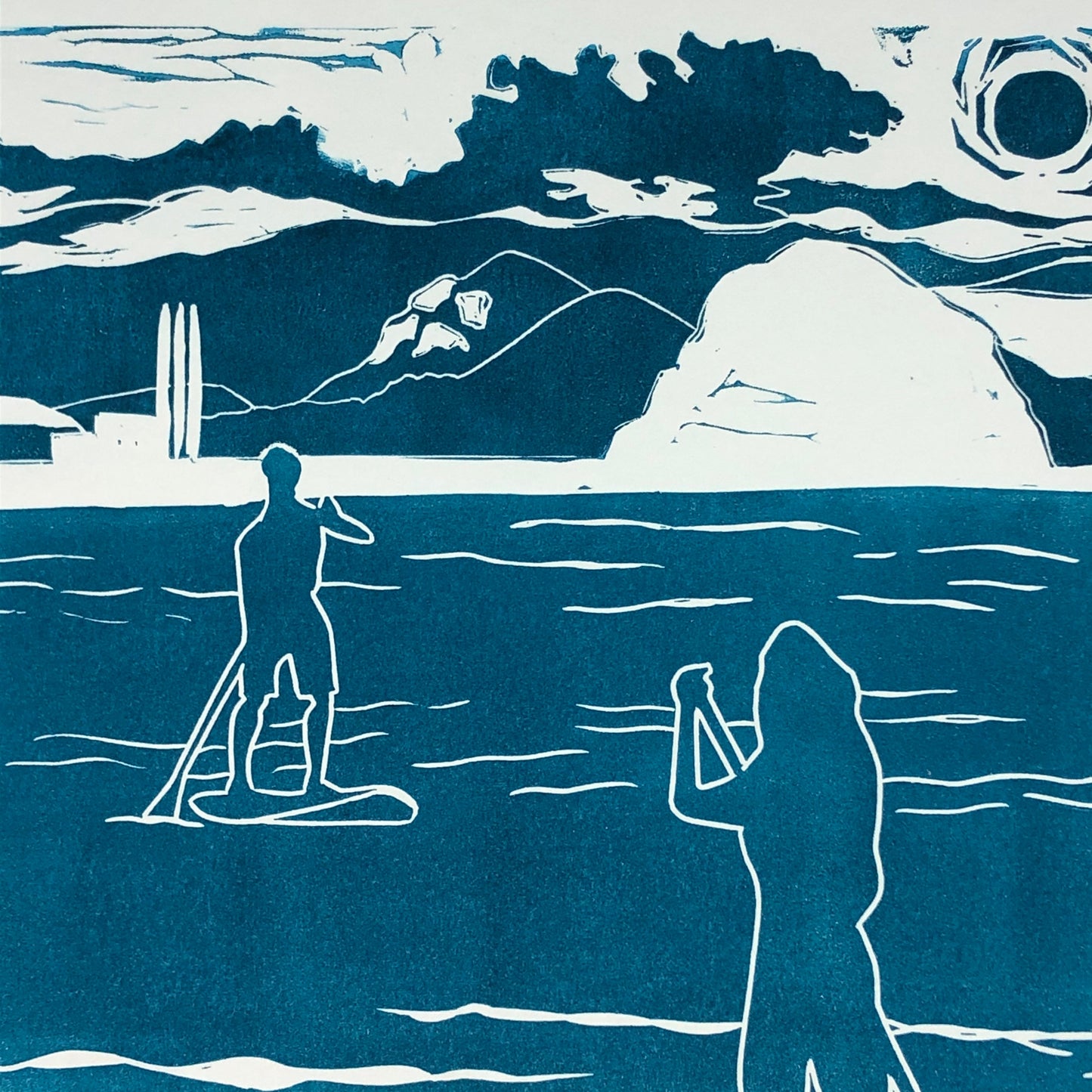 SUP Morro Bay Original Linocut Print, Morro Bay Art, Limited Edition, Stand Up Paddle Art, Ocean Sports Print, Home Decor, 11 x 14” Print