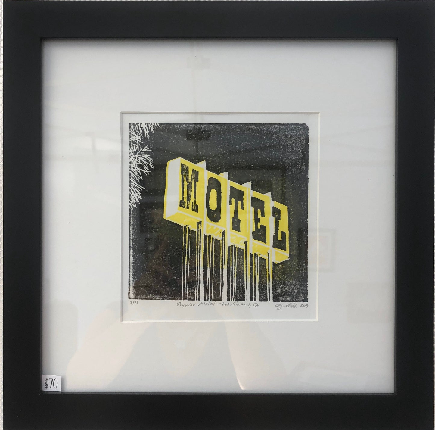 Skyview Motel Wood Block Print 6” x 6”, Los Alamos, California, US 101 Landmark, Midcentury Motel Sign, Retro Art, Original Artwork