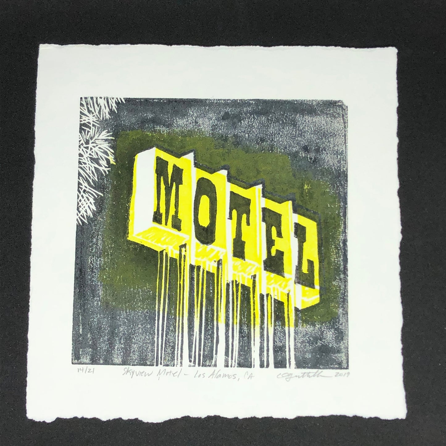 Skyview Motel Wood Block Print 6” x 6”, Los Alamos, California, US 101 Landmark, Midcentury Motel Sign, Retro Art, Original Artwork