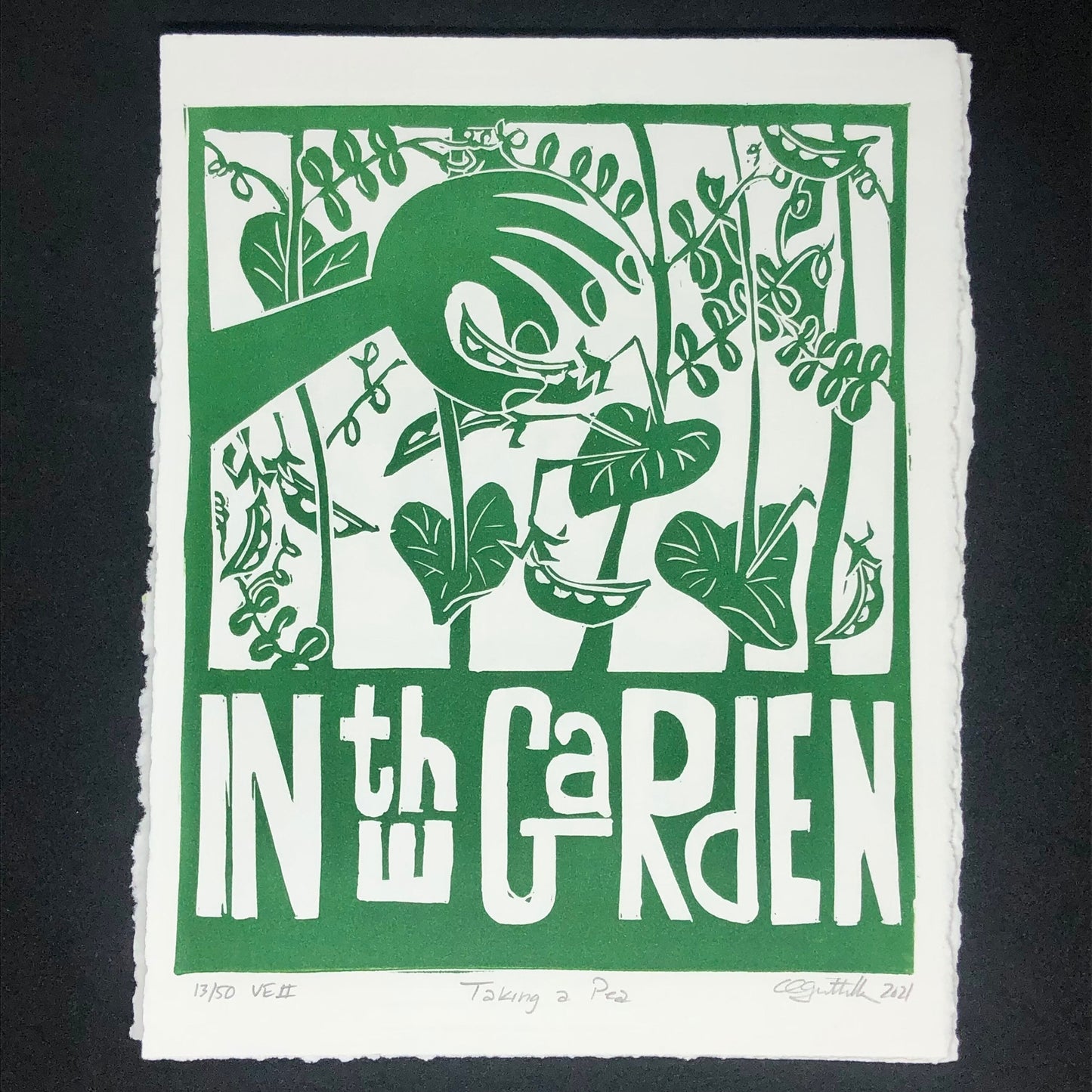 Retro Garden Print, Original Linocut Print 8” x 10”, Taking a Pea in the Garden, Gift for Gardeners, Housewarming Gift, Home Decor