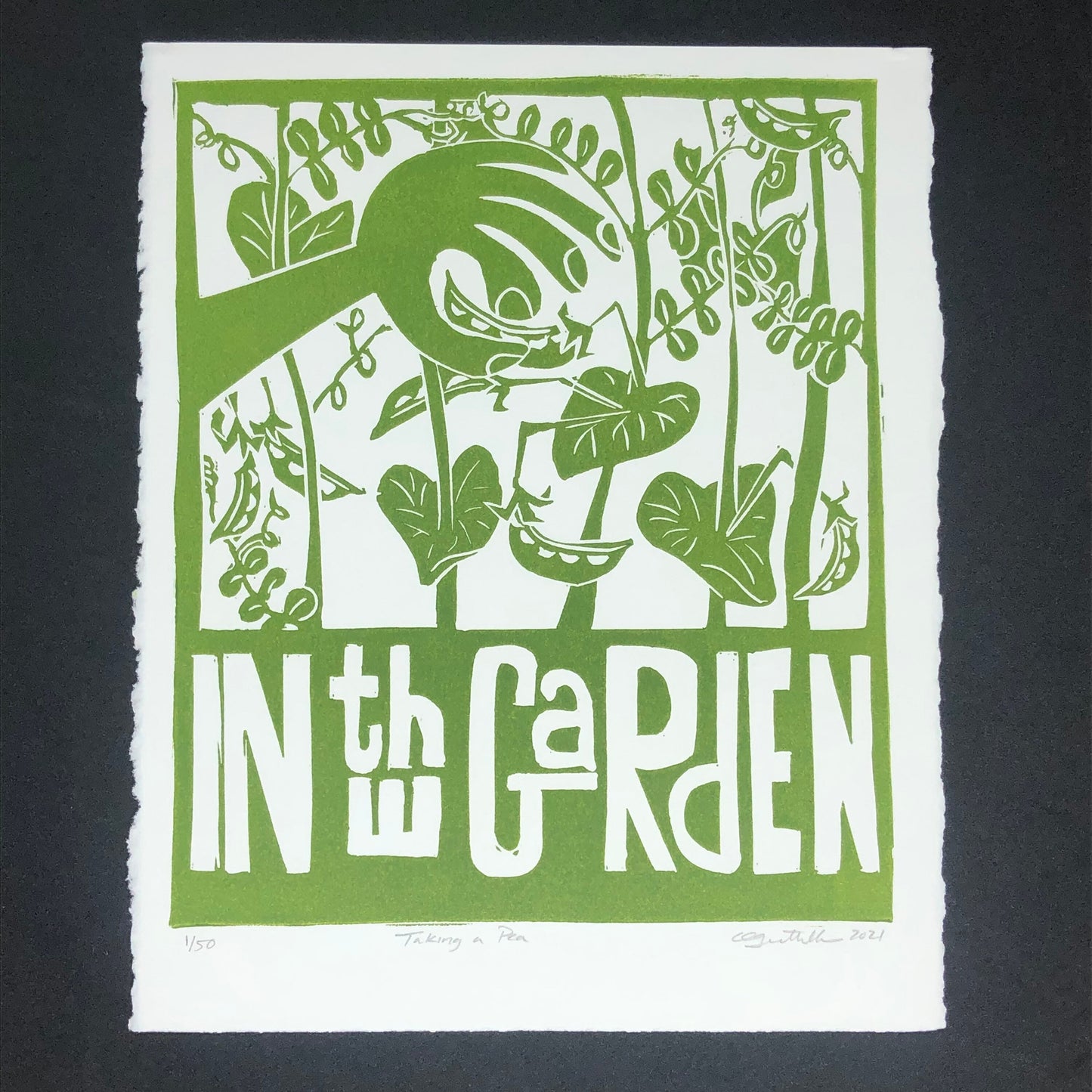 Retro Garden Print, Original Linocut Print 8” x 10”, Taking a Pea in the Garden, Gift for Gardeners, Housewarming Gift, Home Decor