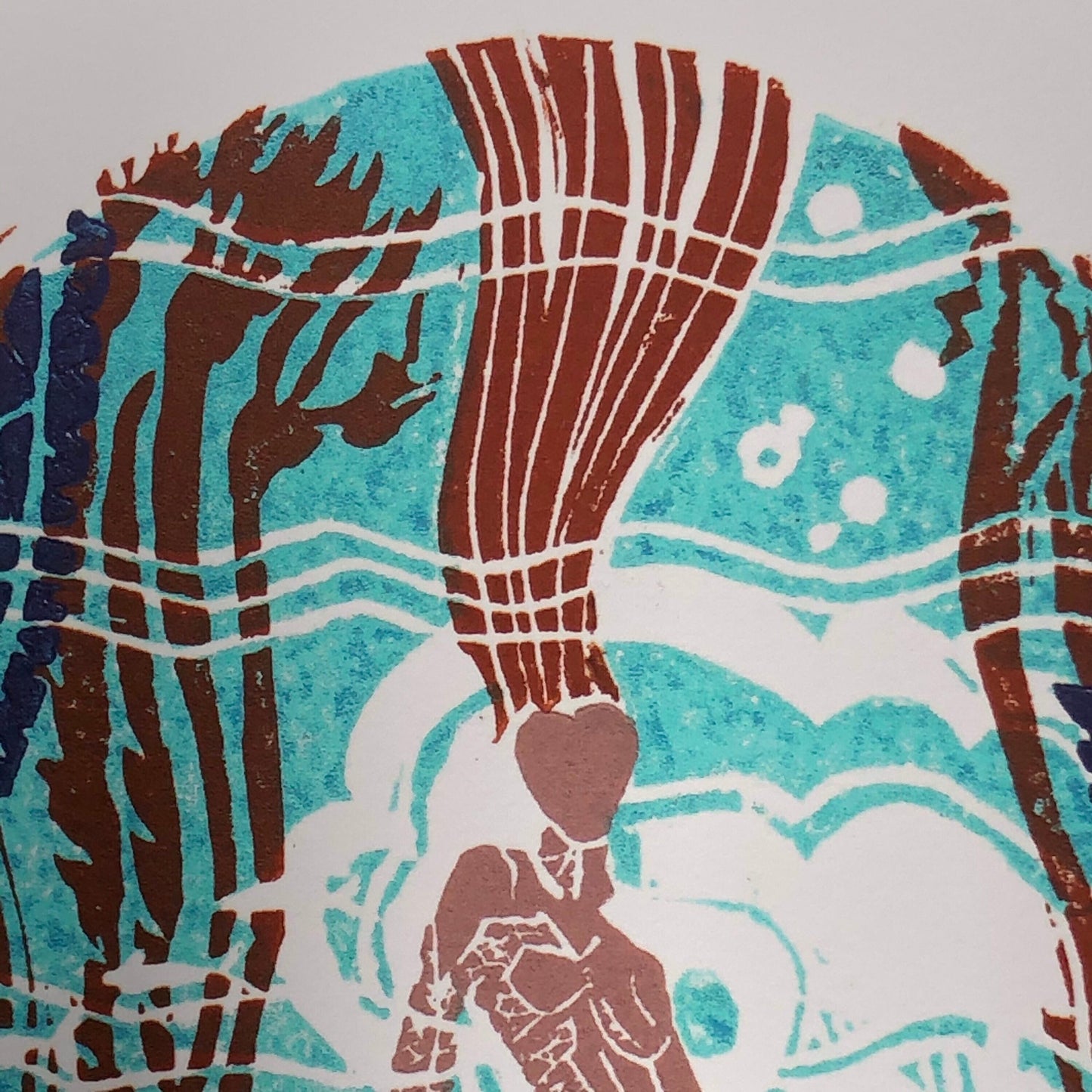 Zoomed in view of upper half of giclée print of original 5-plate linocut depicting an art deco tile mosaic of the Catalina Casino Mermaid. Bright turquoise back ground with white water movement, stylized mermaid's flowing auburn hair, surrounded by kelp, coral, and fish.