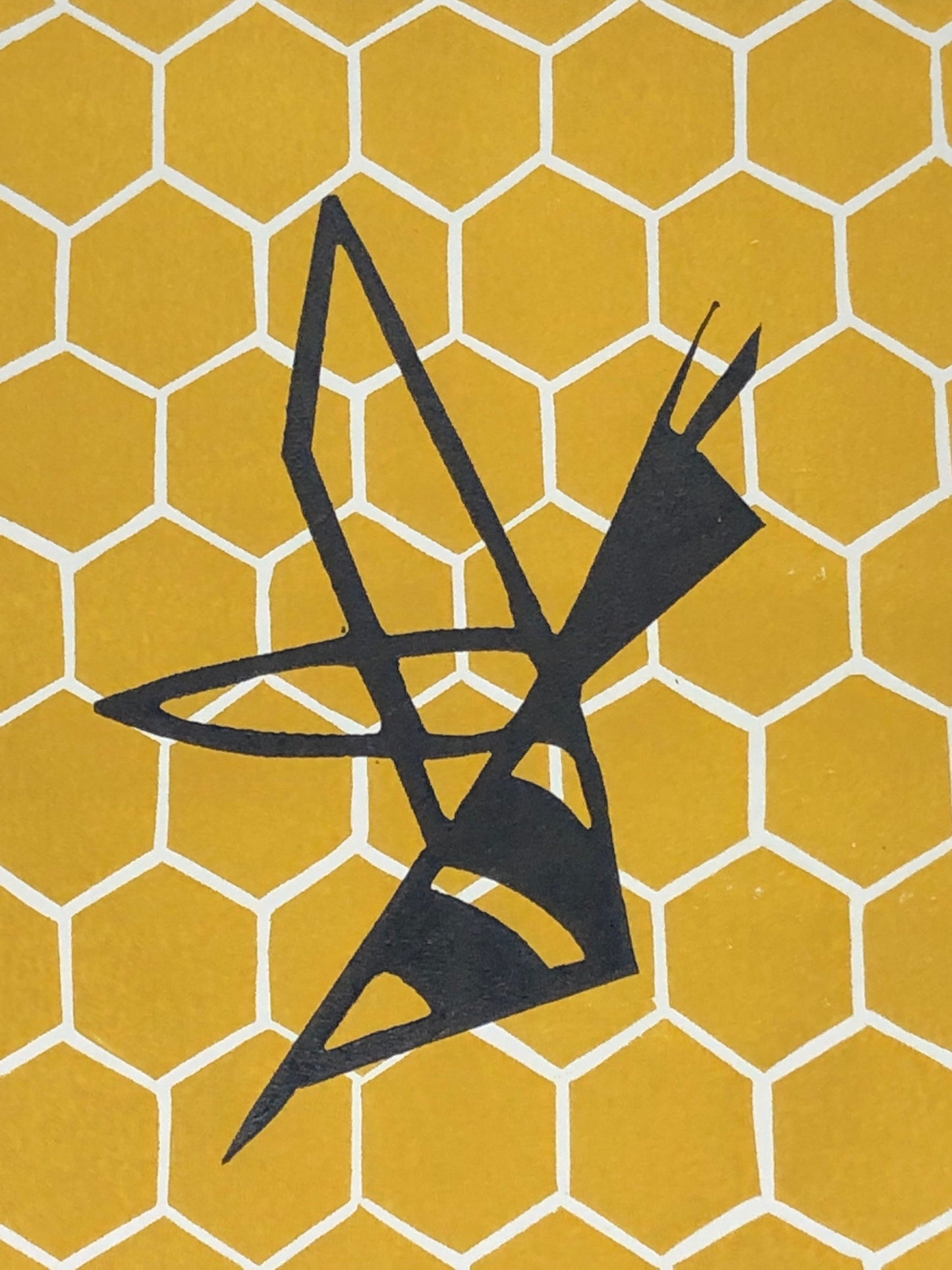 Bee’s Knees Original Linocut Print, 5 x 7 in. (12.7 x 17.8 cm), Stylized Honeybee and honeycomb, Original Wall Art, Gifts for Gardener