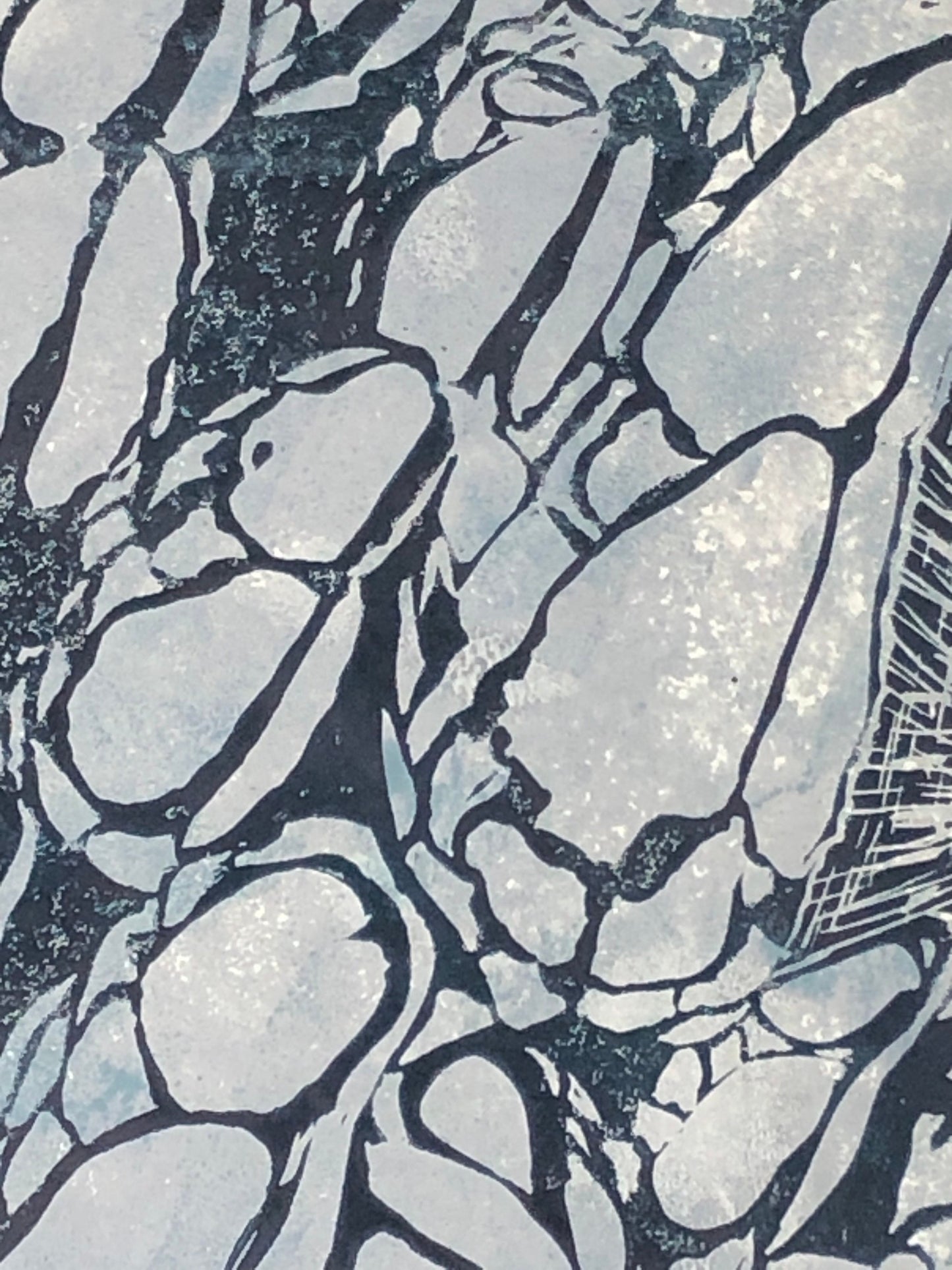Gooseneck Barnacles,Original Linocut Print, Artist’s Proof, Limited Edition 5 x 7 in (12.7 x 17.8 cm), cool blue, beach house vibe