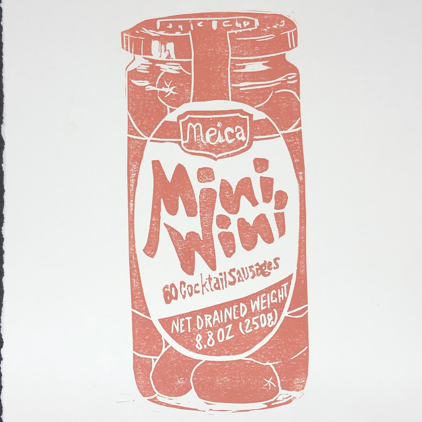 Sausage Linocut Prints, 8 x 10 in. (20 x 25 cm), Guilty Pleasures, Cocktail Weenies, Wall Decor, Pop Culture Prints, Limited Edition Art