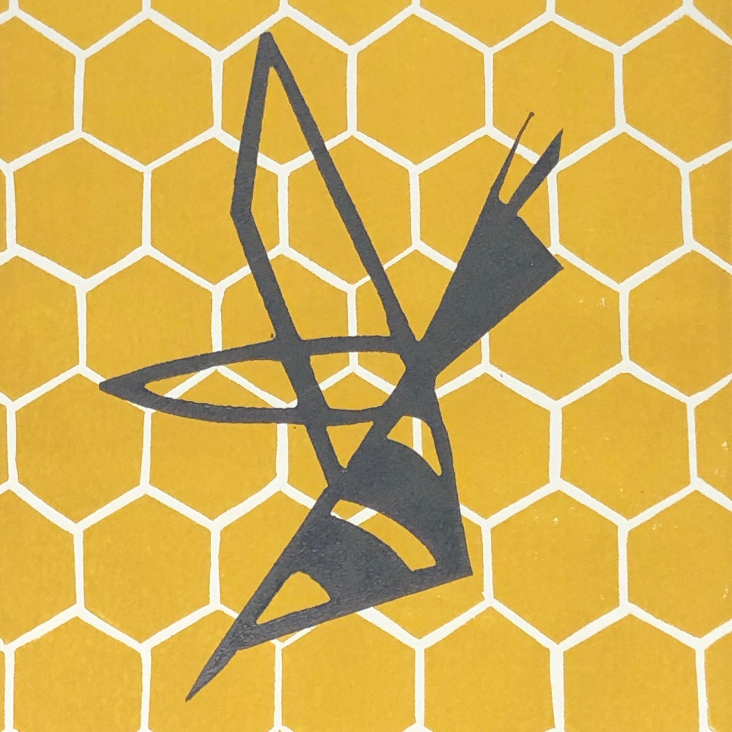 Bee’s Knees Original Linocut Print, 5 x 7 in. (12.7 x 17.8 cm), Stylized Honeybee and honeycomb, Original Wall Art, Gifts for Gardener