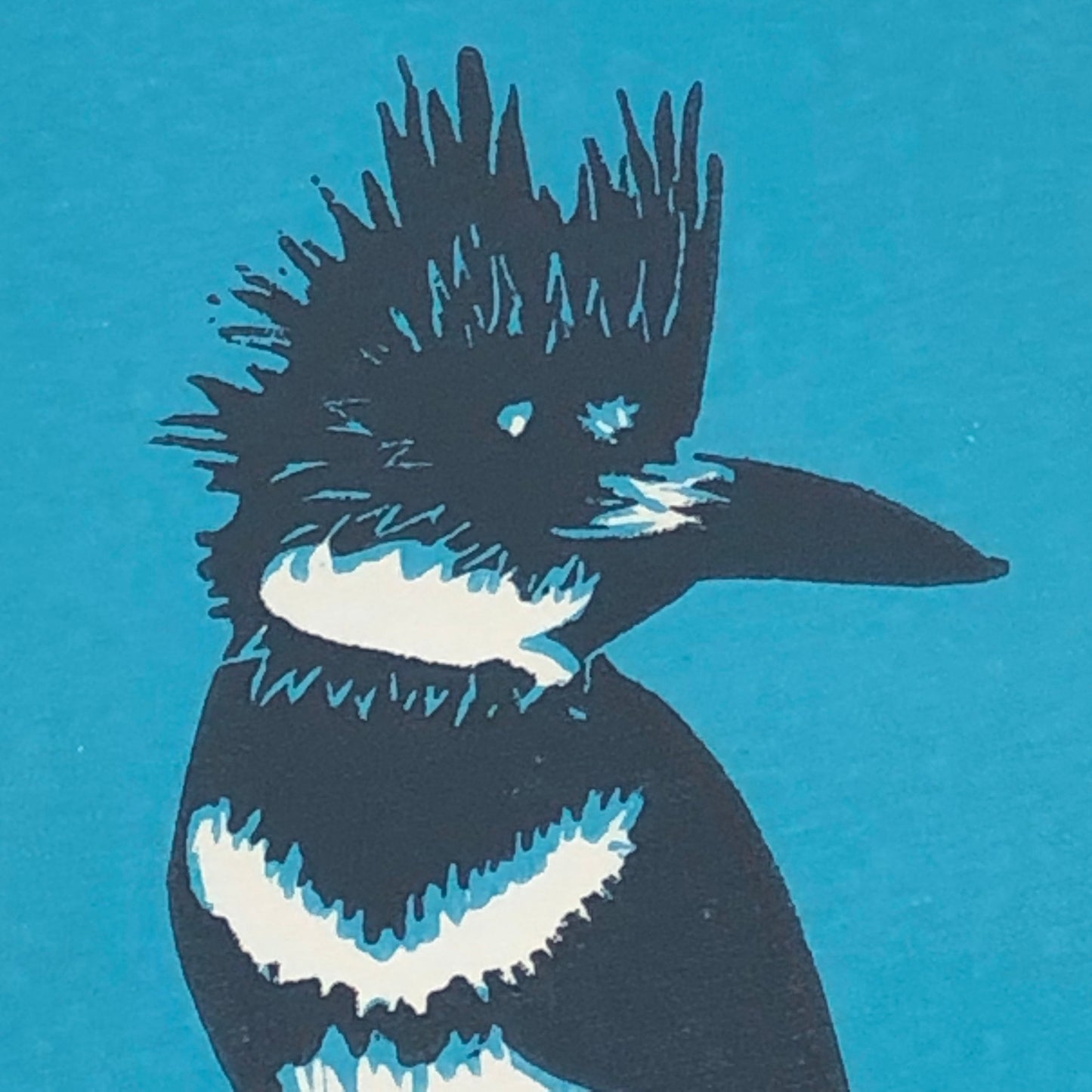 Belted Kingfisher (Megaceryle alcyon) Original Linocut Print monochromatic blue 4 x 6 in. (10 x15 cm), home decor for nature lover & birder