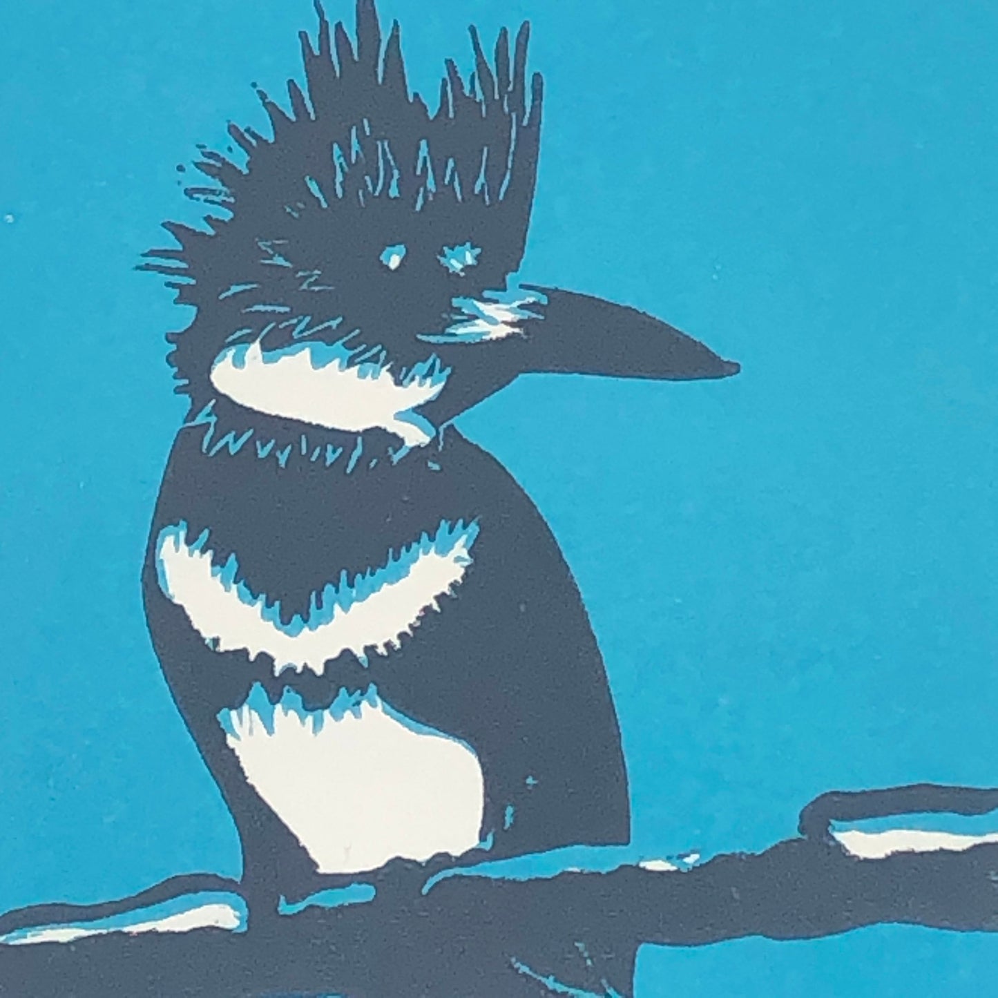 Belted Kingfisher (Megaceryle alcyon) Original Linocut Print monochromatic blue 4 x 6 in. (10 x15 cm), home decor for nature lover & birder