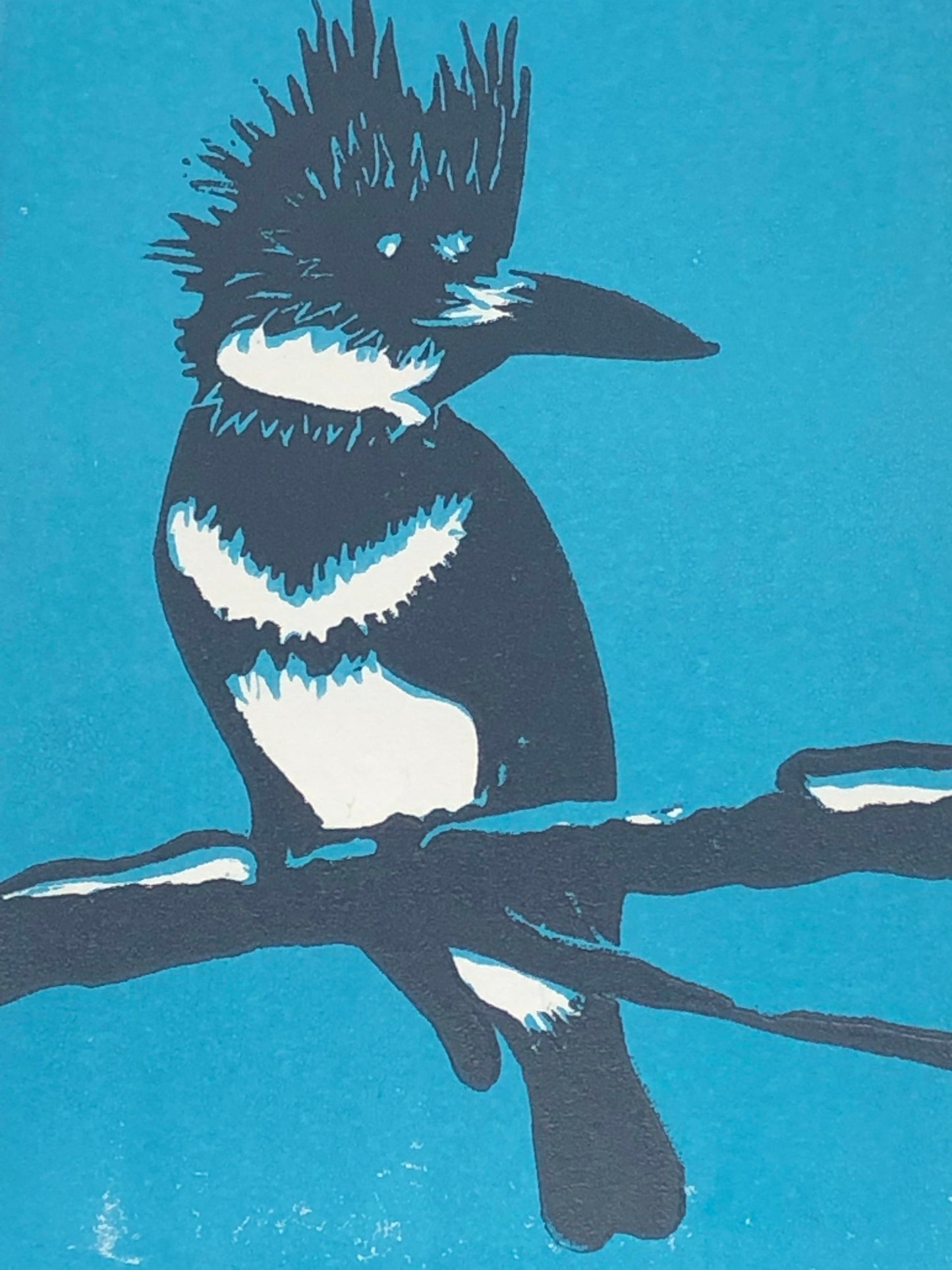 Belted Kingfisher (Megaceryle alcyon) Original Linocut Print monochromatic blue 4 x 6 in. (10 x15 cm), home decor for nature lover & birder