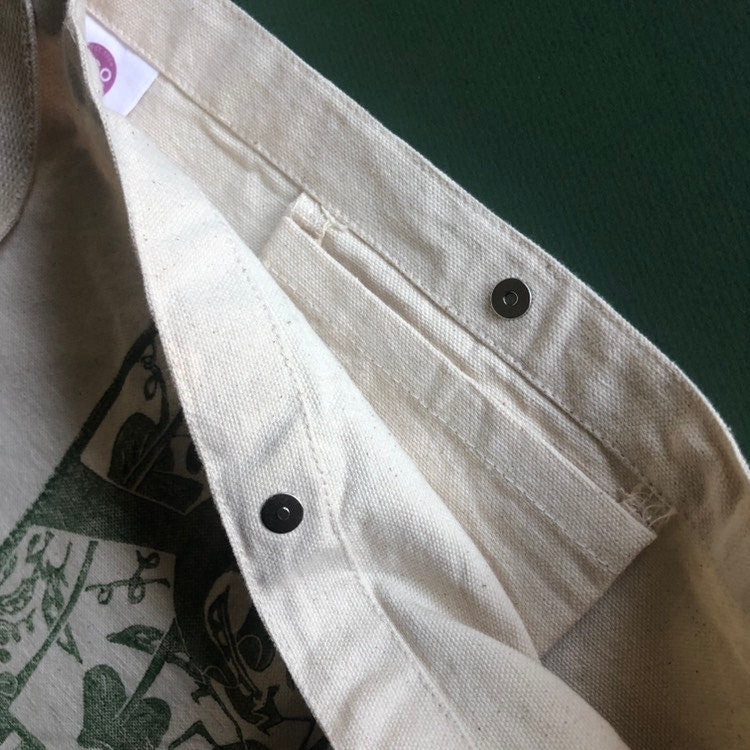 Recycled Sustainable Canvas Cross Shoulder Sling Tote with Original Linocut Artwork, Garden Art, Snap Peas, Book Bag
