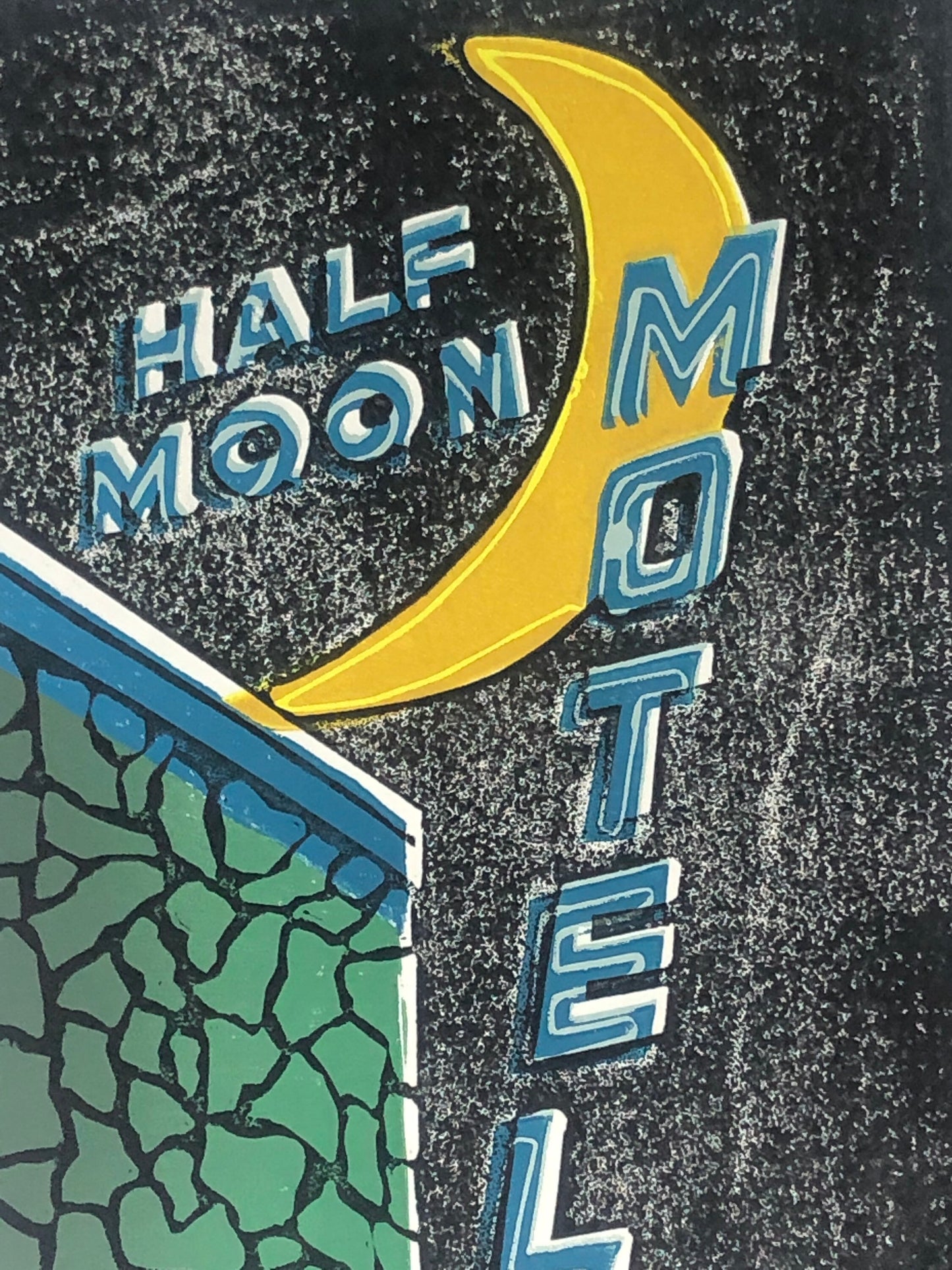 Half Moon Motel Linocut 7-color reduction print, 8 x 10 on (20 x 25 cm) limited edition print, Midcentury modern neon sign, Culver City Art