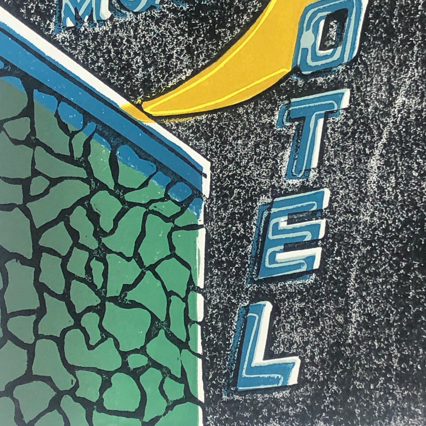 Half Moon Motel Linocut 7-color reduction print, 8 x 10 on (20 x 25 cm) limited edition print, Midcentury modern neon sign, Culver City Art