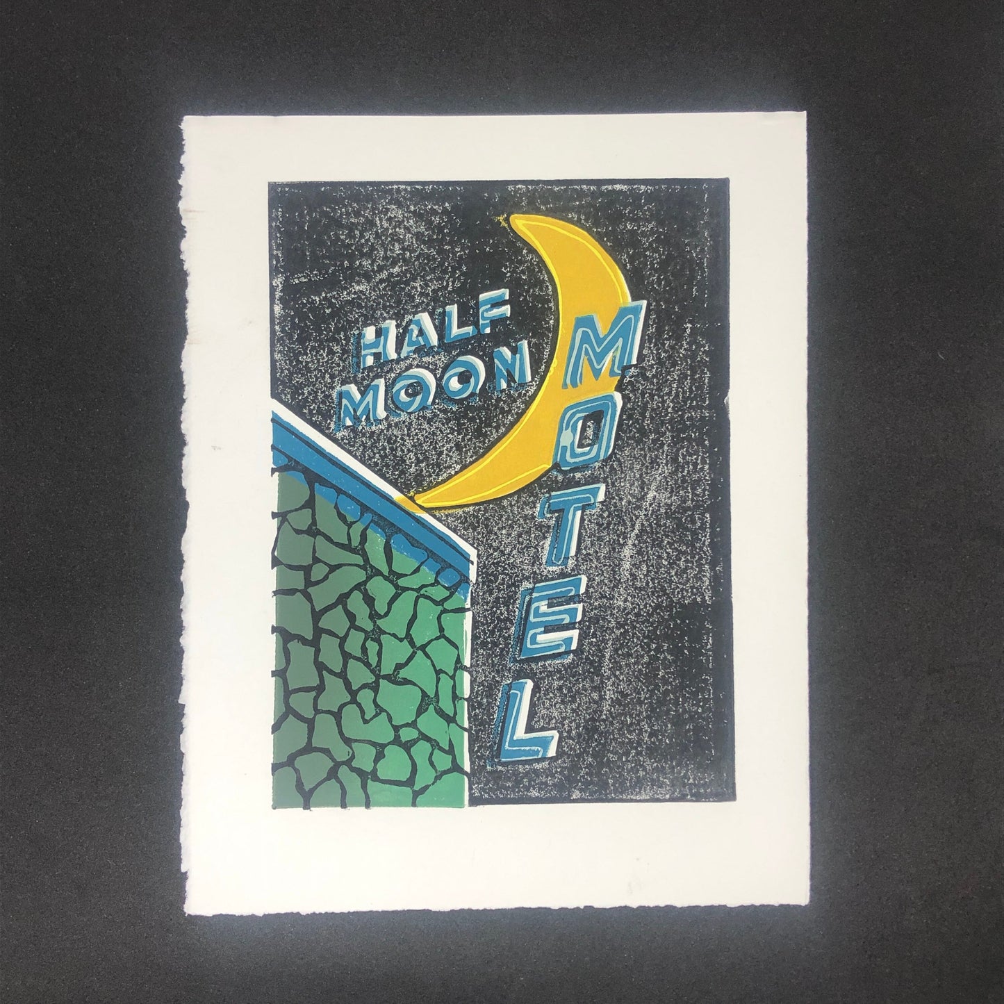 Half Moon Motel Linocut 7-color reduction print, 8 x 10 on (20 x 25 cm) limited edition print, Midcentury modern neon sign, Culver City Art