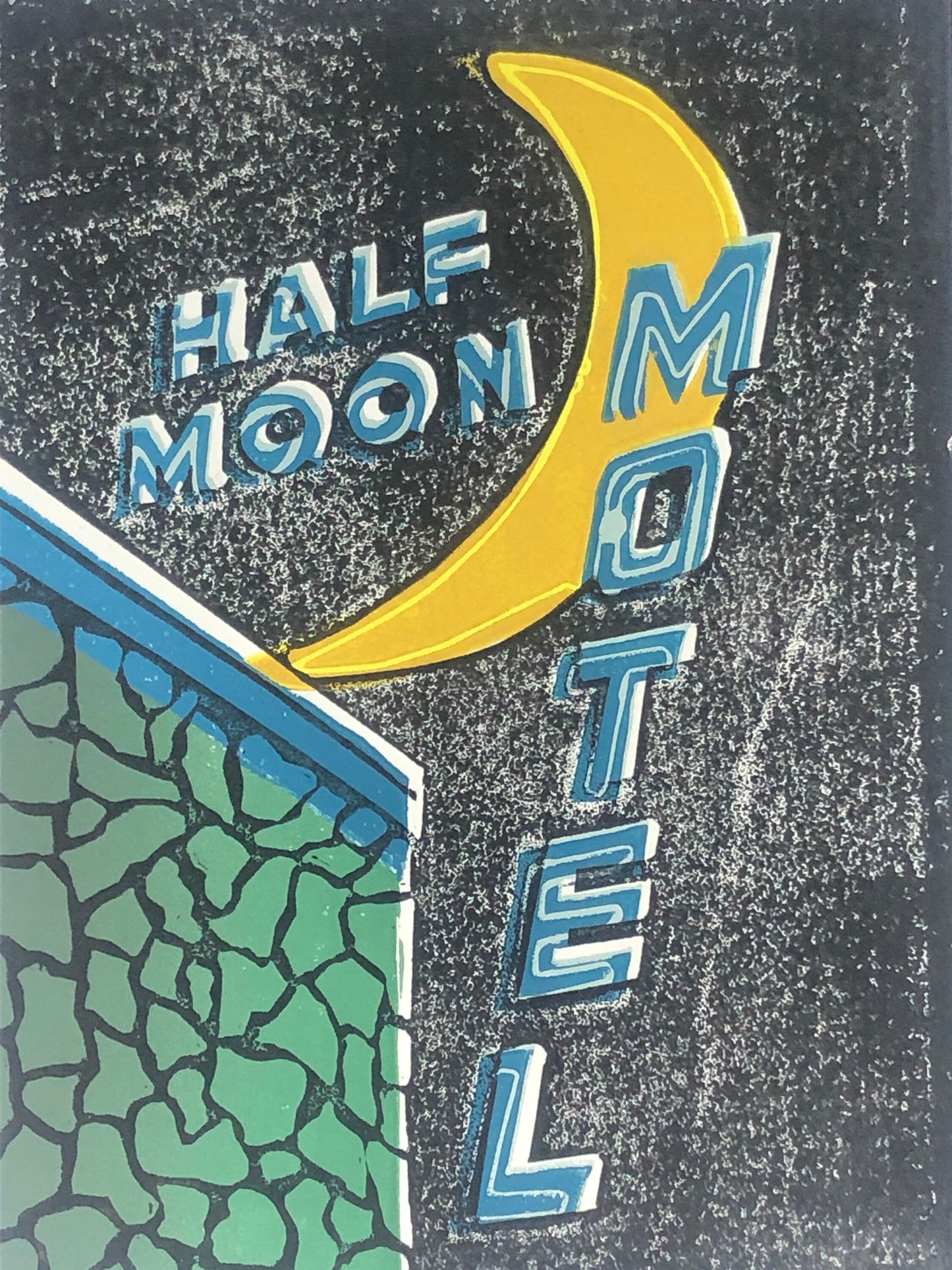 Half Moon Motel Linocut 7-color reduction print, 8 x 10 on (20 x 25 cm) limited edition print, Midcentury modern neon sign, Culver City Art