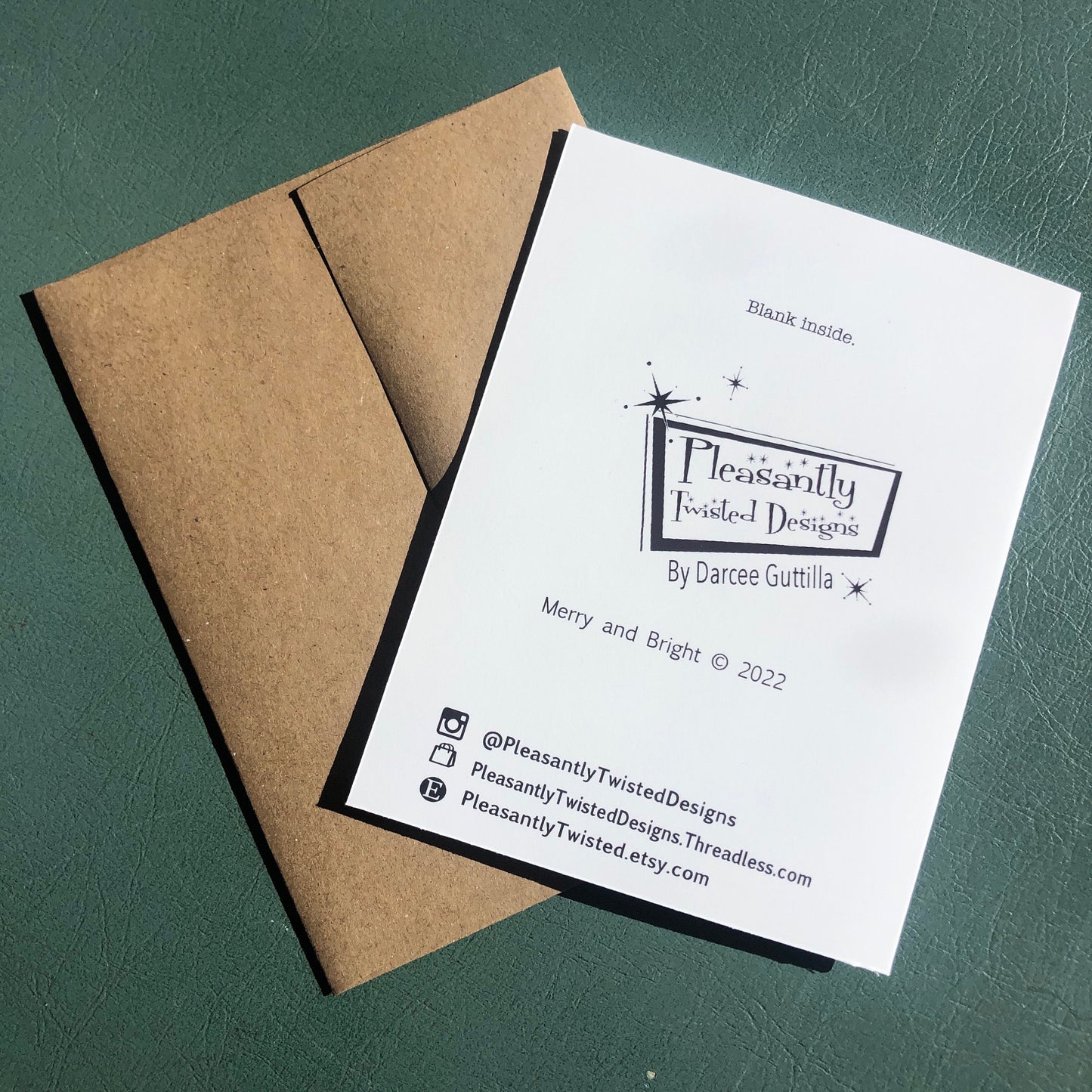 Handmade Merry and Bright Notecard Set- A2 size 5.5 x4.25 in (13.9 x10.7cm), 8 cards with recycled kraft envelopes, holiday stationery set