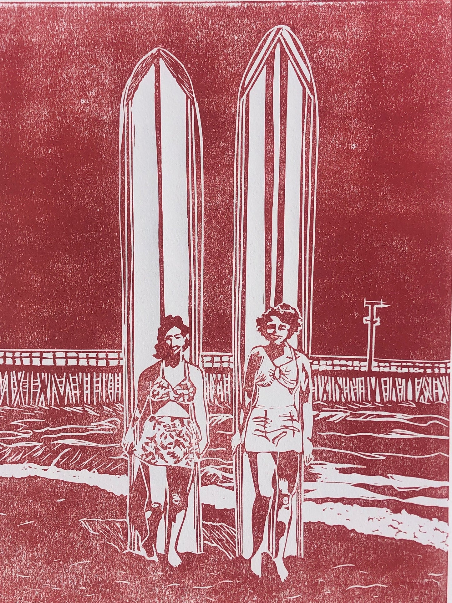 Santa Cruz Surfers Cowell’s Beach Linocut Print 11x 14”