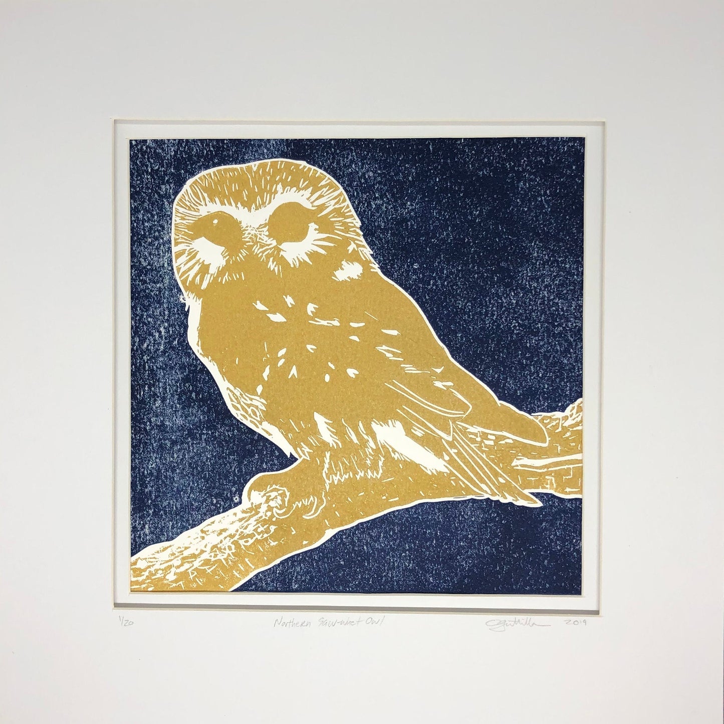 Northern Saw-whet Owl Linocut Print Limited Edition