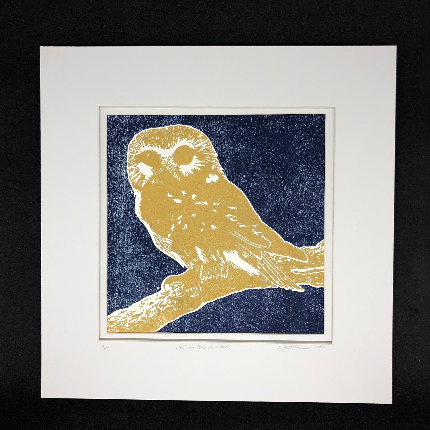 Northern Saw-whet Owl Linocut Print Limited Edition