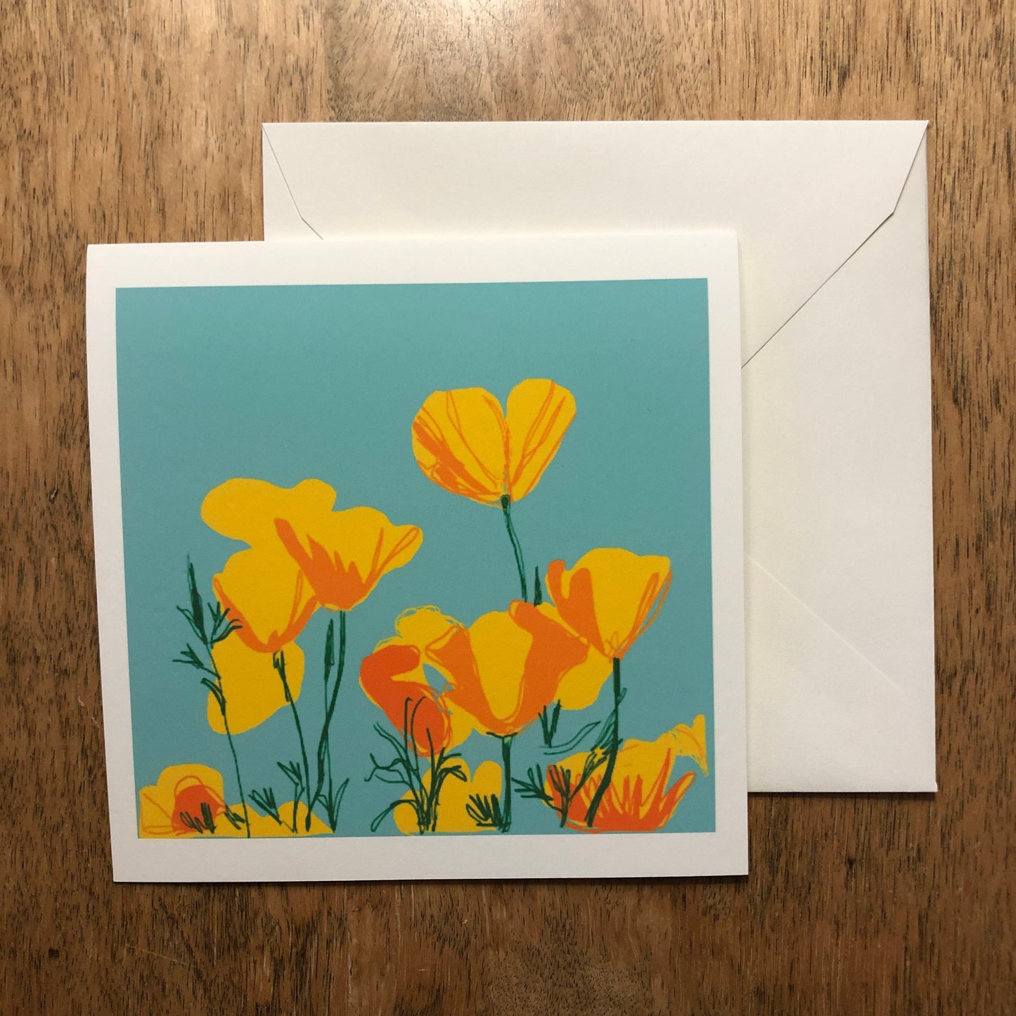 California Poppies (Eschscholzia californica) Square Greeting Card 5.25-inch (13.3 cm), Blank Inside, Bright Floral Stationery