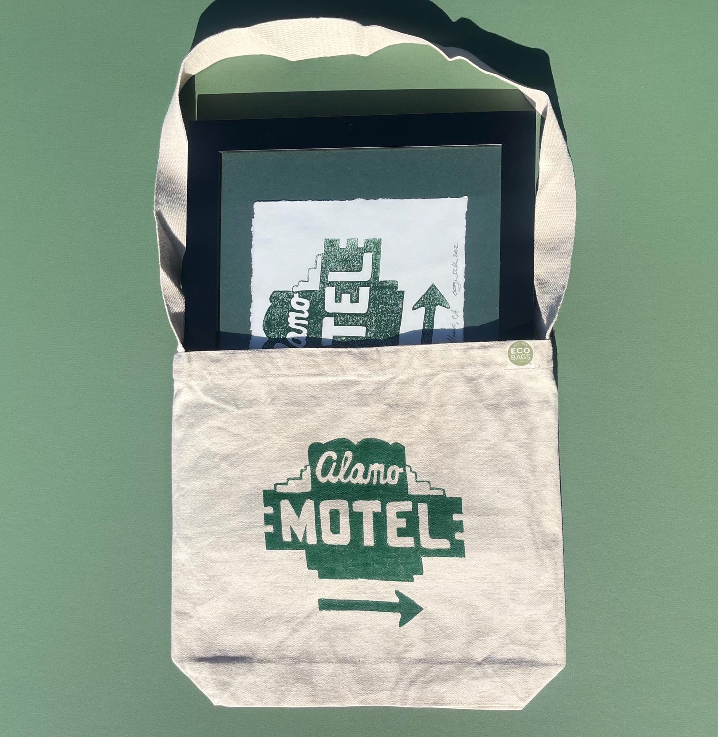 Alamo Motel Recycled Sustainable Canvas Cross Shoulder Sling Tote, Original Linocut Artwork, Vintage Art, Alamo Motel Book Bag, Travel bag