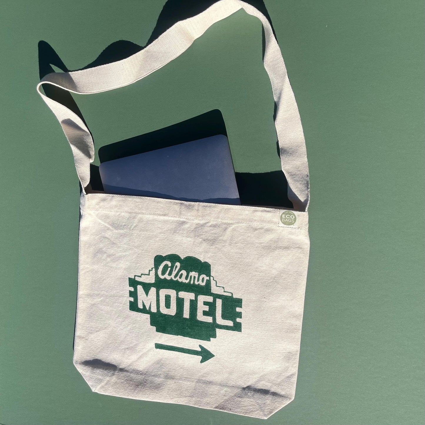 Alamo Motel Recycled Sustainable Canvas Cross Shoulder Sling Tote, Original Linocut Artwork, Vintage Art, Alamo Motel Book Bag, Travel bag