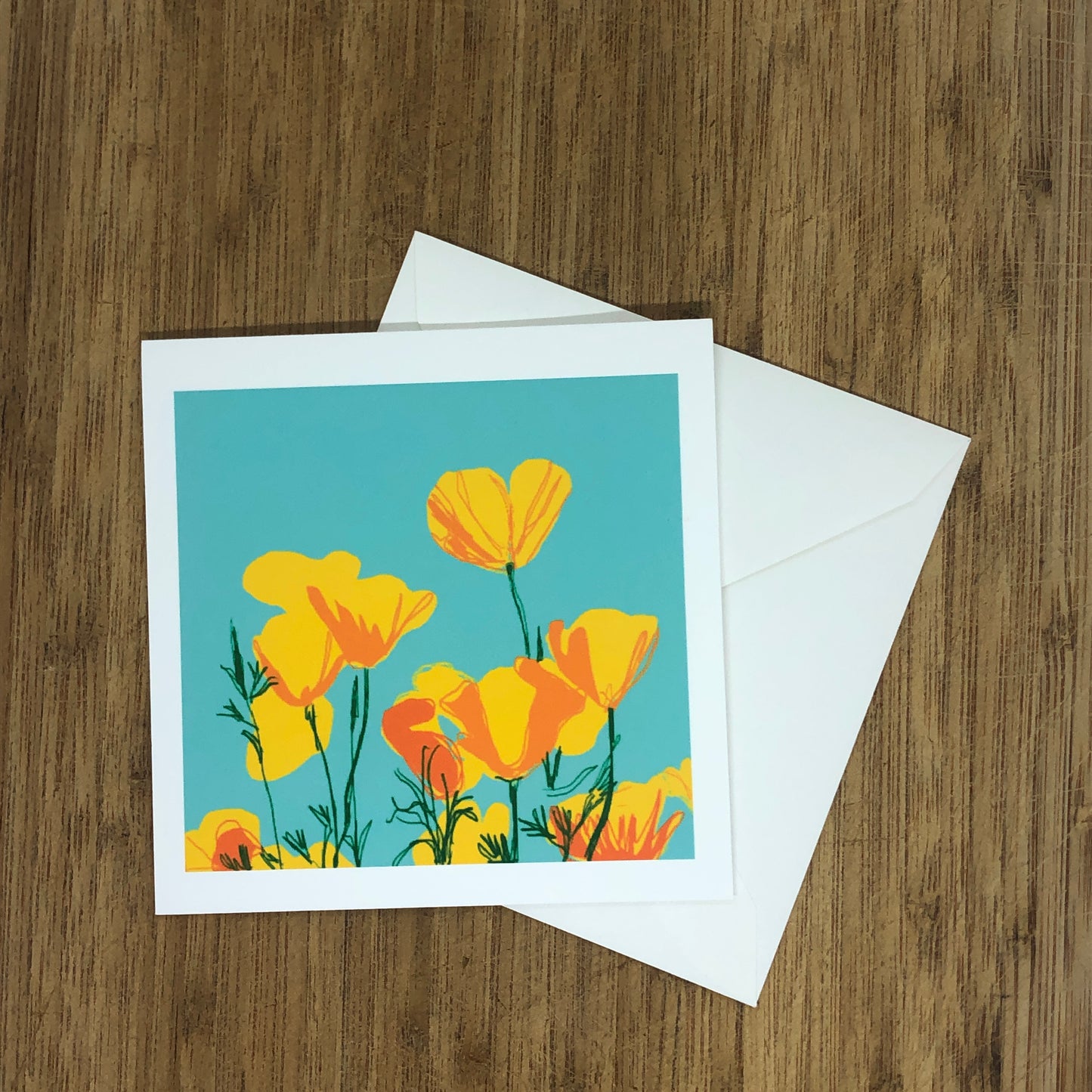 California Poppies (Eschscholzia californica) Square Greeting Card 5.25-inch (13.3 cm), Blank Inside, Bright Floral Stationery