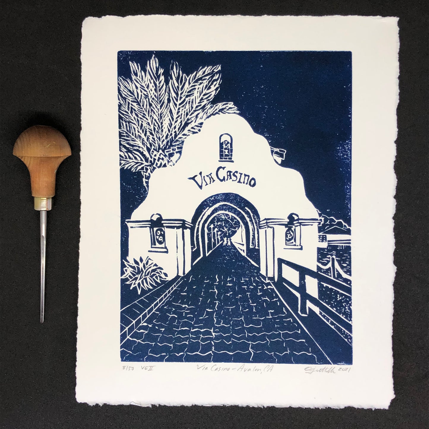 Via Casino Original Linocut Print, Avalon, Catalina Island