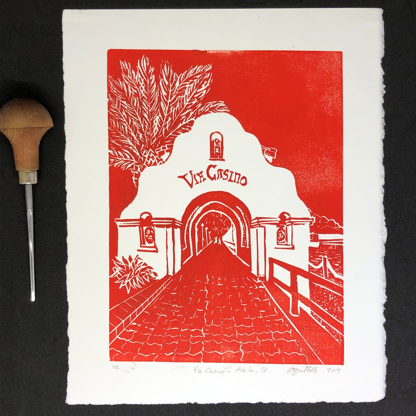 Via Casino Original Linocut Print, Avalon, Catalina Island