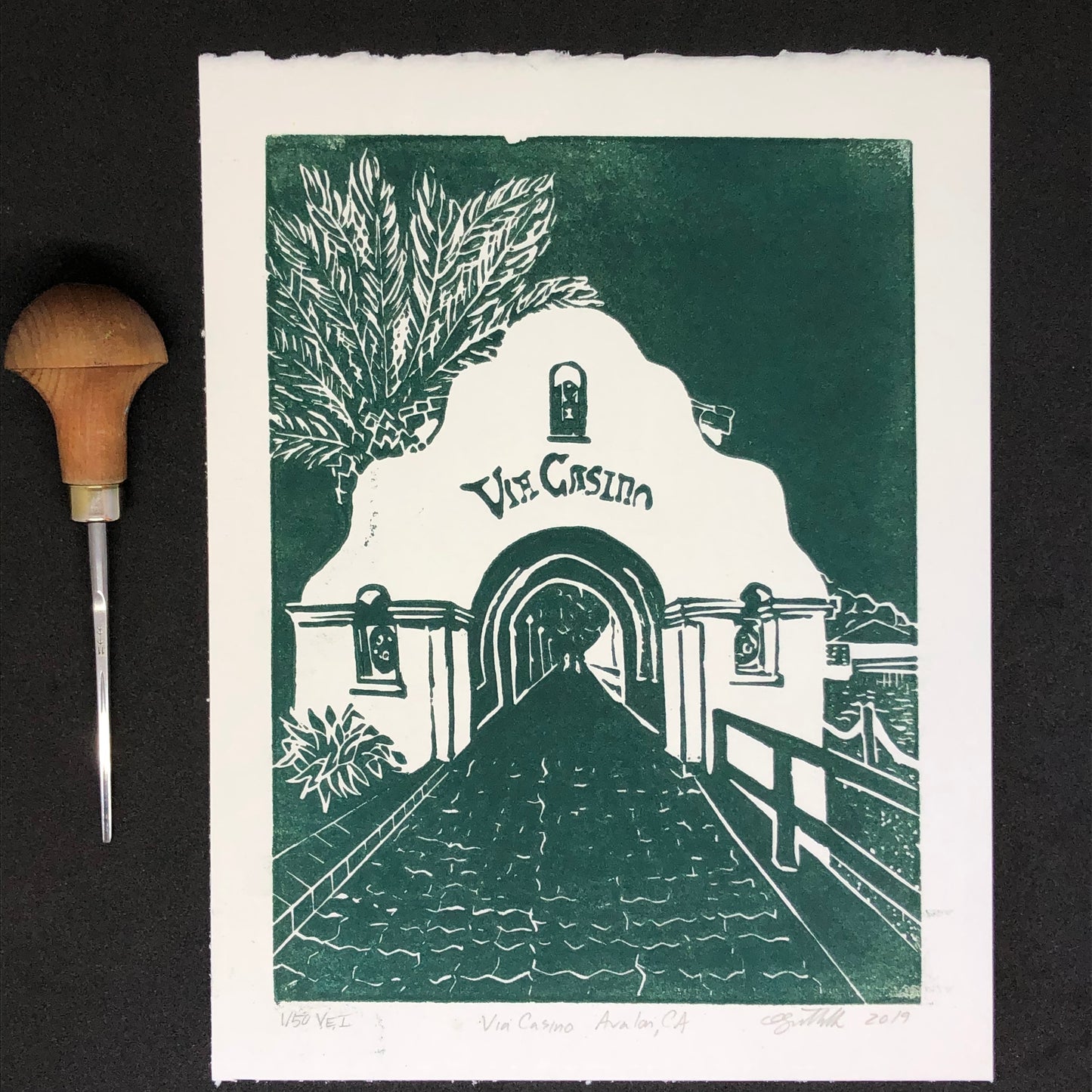 Via Casino Original Linocut Print, Avalon, Catalina Island