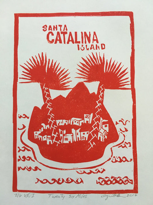 Catalina Island Art 8x10 Linocut Print Coastal Wall Decor Vintage California Art California Island Art Beach House Nautical Catalina Gift