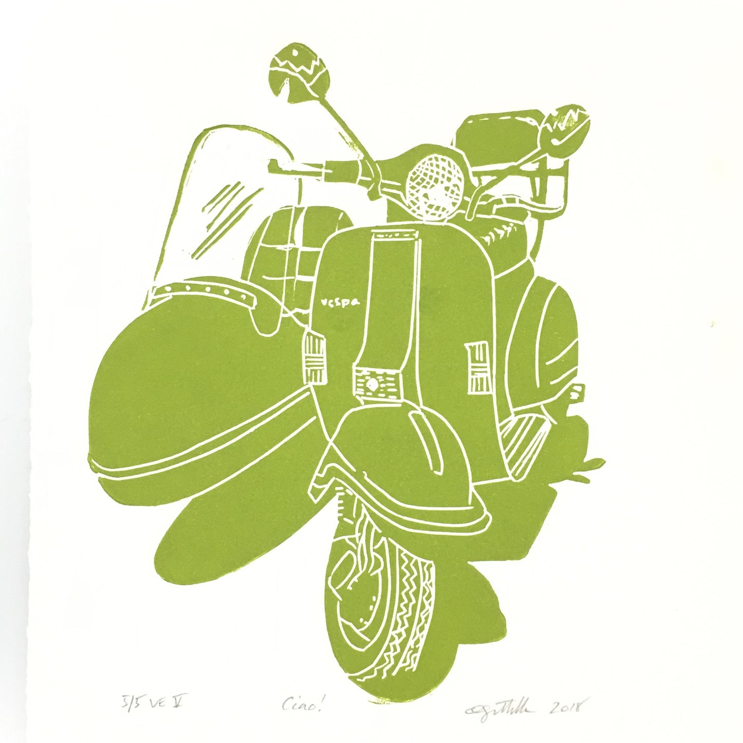 Vintage Vespa Scooter with Sidecar Linocut Print