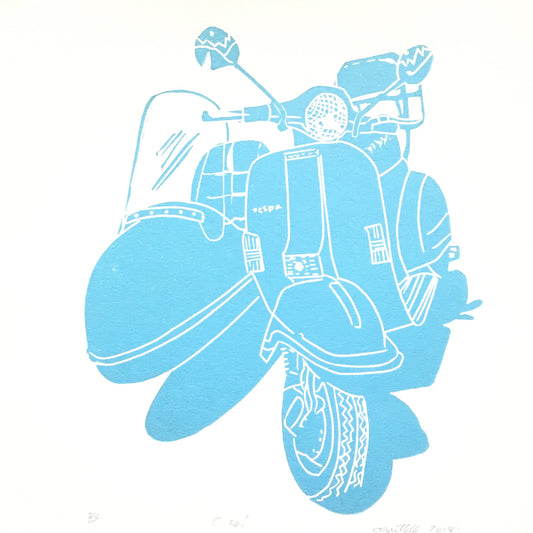 Vintage Vespa Scooter with Sidecar Linocut Print