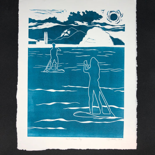 SUP Morro Bay Original Linocut Print, Morro Bay Art, Limited Edition, Stand Up Paddle Art, Ocean Sports Print, Home Decor, 11 x 14” Print