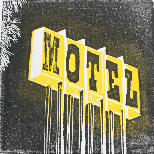 Skyview Motel Wood Block Print 6” x 6”, Los Alamos, California, US 101 Landmark, Midcentury Motel Sign, Retro Art, Original Artwork