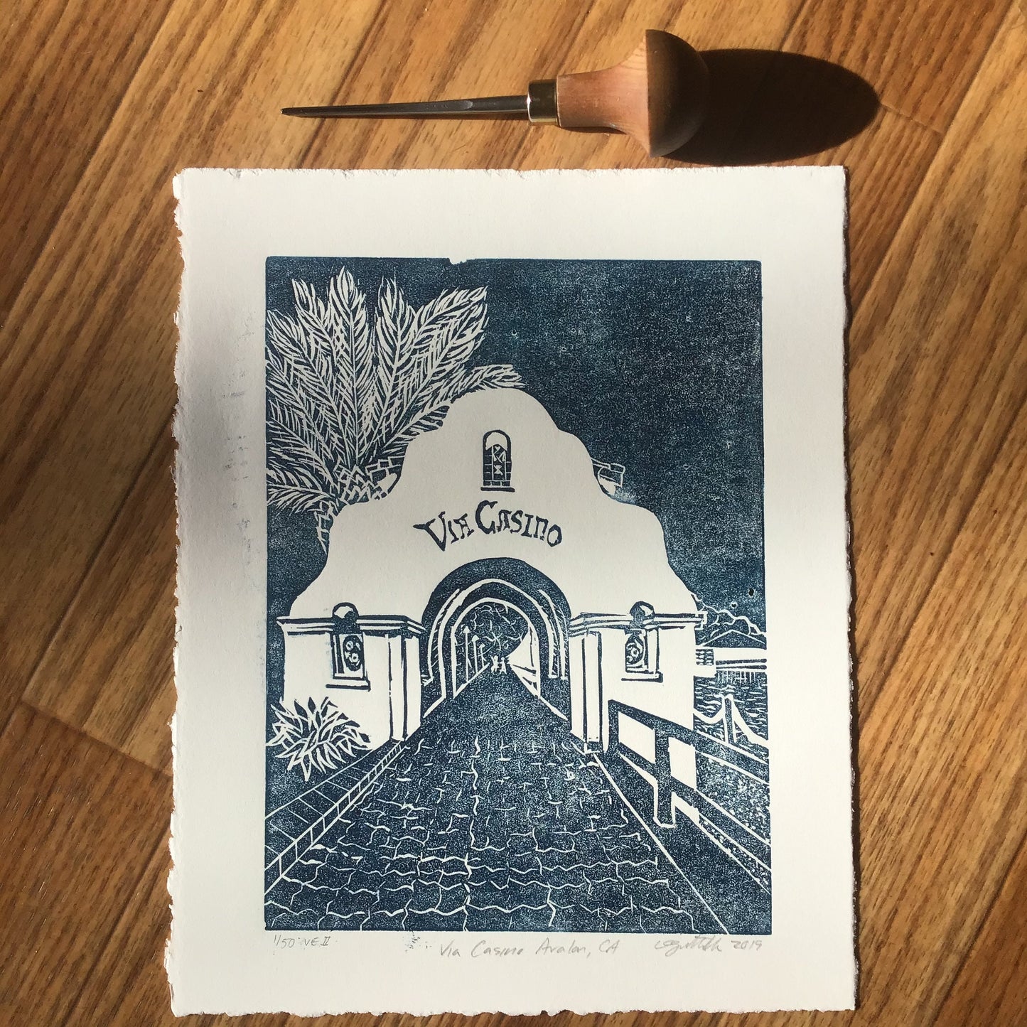 Catalina Island Original Linocut Print, Via Casino Avalon Print, Early California Architecture, Home Decor