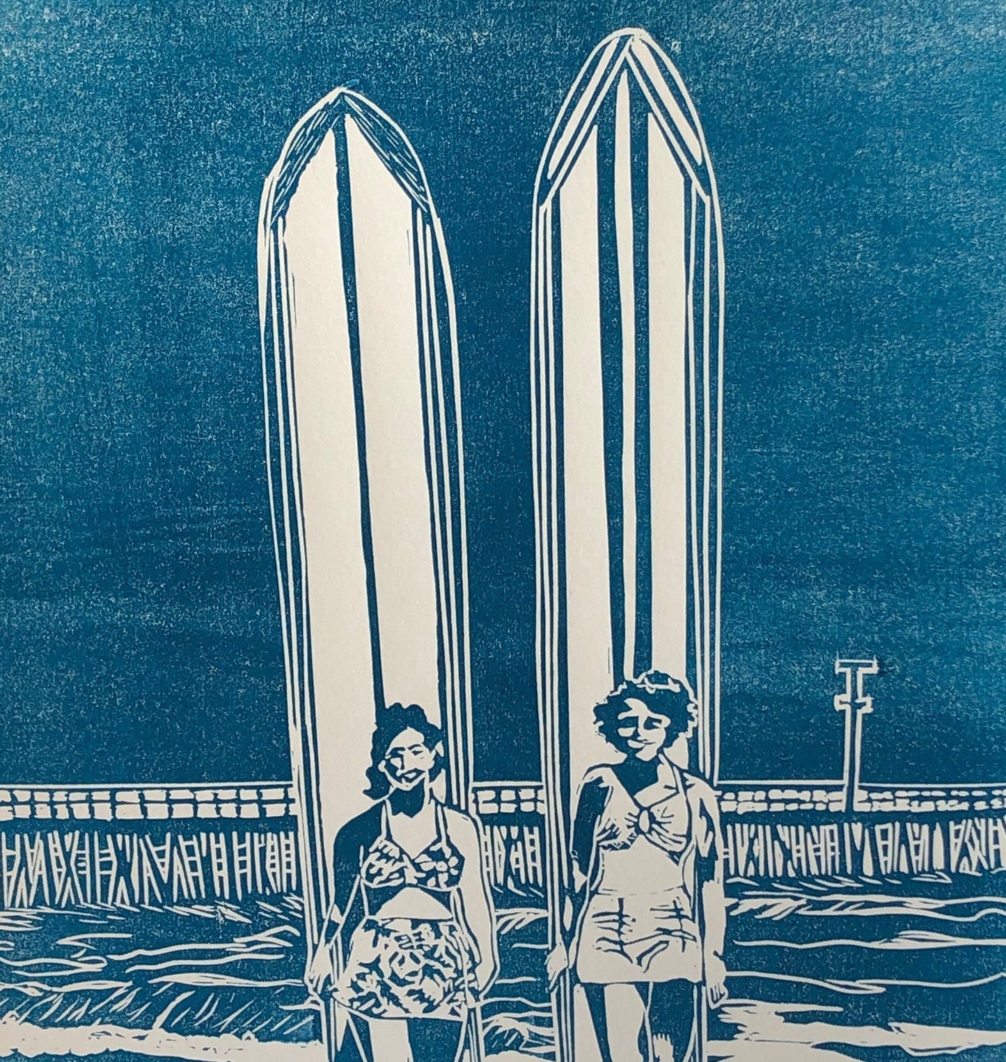 Santa Cruz Surfers Cowell’s Beach Linocut Print 11x 14”