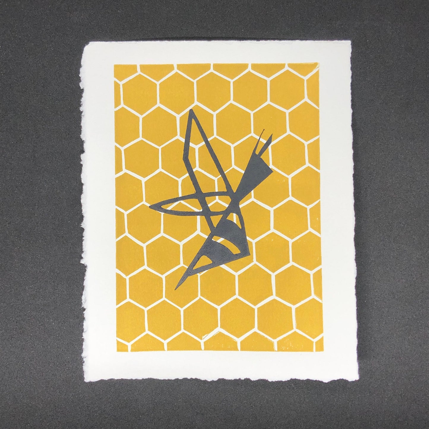 Bee’s Knees Original Linocut Print, 5 x 7 in. (12.7 x 17.8 cm), Stylized Honeybee and honeycomb, Original Wall Art, Gifts for Gardener