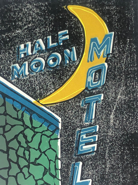 Half Moon Motel Linocut 7-color reduction print, 8 x 10 on (20 x 25 cm) limited edition print, Midcentury modern neon sign, Culver City Art