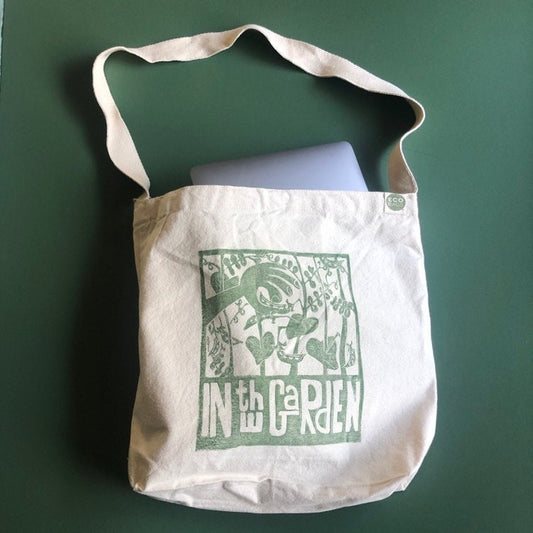 Recycled Sustainable Canvas Cross Shoulder Sling Tote with Original Linocut Artwork, Garden Art, Snap Peas, Book Bag