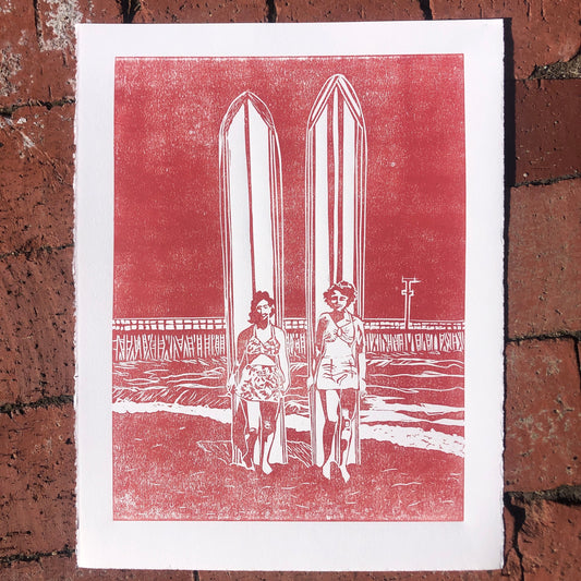 Santa Cruz Surfers Cowell’s Beach Linocut Print 11x 14”
