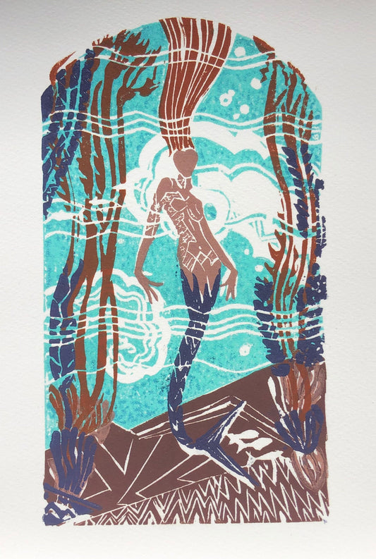 Giclée print of original 5-plate linocut depicting an art deco tile mosaic of the Catalina Casino Mermaid. Bright turquoise back ground with white water movement, stylized mermaid with purple tail and auburn flowing hair, surrounded by kelp, coral, and fish.