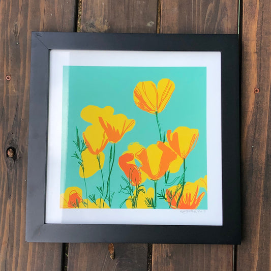 California poppies Original Art, giclée print 12" (30.5 cm) square print, Printed on Epson Velvet Fine ArtPpaper, Pop of Color, Wall Art
