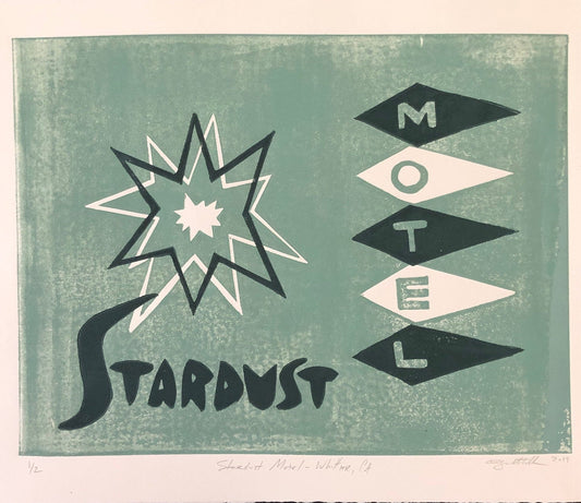 Stardust Motel - Whittier, CA Original Linocut Prints, 11 x 14 in. (28 x 35 cm) Midcentury Modern Art, Minimalist Wall Decor, Vintage Style