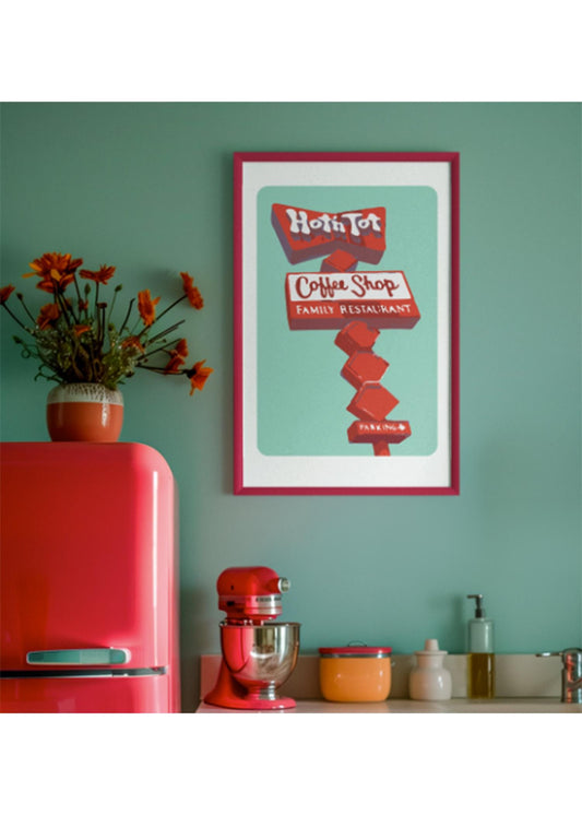 Hot 'N Tot Diner Lomita CA Art Print, Historic Coffee Shop Wall Art, Mid Century California Restaurant Decor, SoCal Americana, Red Mint Blue